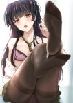  1girl black_hair black_legwear bra brown_eyes brown_hair earrings face feet foreshortening highres idolmaster idolmaster_shiny_colors jewelry long_hair mayuzumi_fuyuko necktie no_shoes panties pantyhose pov_feet shirt skirt skirt_lift solo underwear white_shirt yuzuyu_(hyui) 