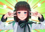  1girl bangs black_nails black_ribbon blush bow brown_hair commentary_request double_v emotional_engine_-_full_drive fate/grand_order fate_(series) green_ribbon humagear_headphones is_(kamen_rider_01) jacket kamen_rider kamen_rider_01_(series) large_ribbon long_sleeves noriuma ribbon robot_ears short_hair smile solo star v 