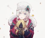  1girl anastasia_(fate/grand_order) bangs blue_eyes coat csyko doll fate/grand_order fate_(series) flower fur-trimmed_coat fur_hat fur_trim grey_hair hat hat_flower hat_ornament highres holding holding_doll holly holly_hat_ornament looking_at_viewer silver_hair sleeves_past_wrists solo ushanka viy white_hair 