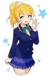  1girl ayase_eli bangs blazer blonde_hair blue_eyes blush bow bowtie breasts commentary_request dress_shirt eyebrows_visible_through_hair green_neckwear hair_between_eyes hand_up hatagaya jacket long_hair long_sleeves love_live! love_live!_school_idol_project open_mouth otonokizaka_school_uniform pleated_skirt ponytail school_uniform shirt signature simple_background skirt skirt_hold smile solo standing star striped striped_neckwear white_background 