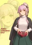  1girl :d bangs black_bow black_jacket black_ribbon blush bow box breasts brown_eyes eyebrows_visible_through_hair gift gift_box green_skirt hair_bow hair_flaps hair_ribbon happy_valentine heart heart-shaped_box heart-shaped_pupils high_ponytail highres holding holding_gift jacket jacket_on_shoulders kantai_collection lips long_hair long_sleeves looking_at_viewer multiple_views open_mouth pink_hair pleated_skirt polka_dot ponytail ribbon sidelocks simple_background skirt smile sweater symbol-shaped_pupils tantaka turtleneck turtleneck_sweater valentine white_sweater yellow_background yellow_eyes yura_(kantai_collection) zoom_layer 