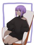 1girl armchair bangs bare_shoulders black_legwear black_sweater blush chair closed_mouth dark_skin eyebrows_visible_through_hair fate/prototype fate/prototype:_fragments_of_blue_and_silver fate_(series) hassan_of_serenity_(fate) i.u.y kneehighs long_sleeves looking_at_viewer on_chair purple_background purple_hair sidelocks sitting sleeves_past_fingers sleeves_past_wrists smile solo sweater turtleneck turtleneck_sweater two-tone_background violet_eyes white_background 