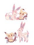  ^_^ black_eyes blue_eyes charamells closed_eyes commentary creature english_commentary full_body gen_6_pokemon gen_7_pokemon high_five mimikyu no_humans pokemon pokemon_(creature) simple_background sylveon white_background 