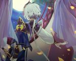  1boy chinese_armor chinese_clothes csyko fate/grand_order fate_(series) from_behind full_moon gao_changgong_(fate) highres horned_mask male_focus masked moon silver_hair solo window 