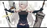  1girl bare_shoulders beastlord_(sword) black_gloves broadsword csyko dual_wielding elbow_gloves eyes_visible_through_hair gloves hair_over_one_eye holding katana mole mole_under_mouth nier_(series) nier_automata pod_(nier_automata) robot_joints short_hair silver_hair solo sword virtuous_contract weapon yorha_type_a_no._2 