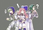  1girl 2boys alternate_costume ashe_ubert belt book closed_mouth fire_emblem fire_emblem:_three_houses garreg_mach_monastery_uniform green_eyes green_hair grey_hair highres hilda_valentine_goneril holding holding_book hood hood_up larachelle linhardt_von_hevring long_hair long_sleeves multiple_boys open_book pink_eyes pink_hair short_hair simple_background smile thigh-highs twintails twitter_username uniform 