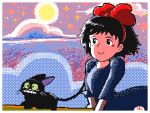  1girl animated animated_gif black_cat black_dress black_eyes black_hair bow broom broom_riding cat clouds dress flying green_sclera hair_bow jiji_(majo_no_takkyuubin) keke_(kokorokeke) kiki looping_animation lowres majo_no_takkyuubin pixel_art red_bow short_hair smile solo 