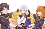  1girl 2boys absurdres ahoge blue_eyes blurry blush chinese_clothes csyko depth_of_field emphasis_lines fate/grand_order fate_(series) fingerless_gloves fujimaru_ritsuka_(female) fujimaru_ritsuka_(male) gao_changgong_(fate) gloves goblet grey_hair hair_between_eyes hair_ornament hair_scrunchie highres holding holding_mask mask multiple_boys no_mask orange_hair outstretched_arm polar_chaldea_uniform scrunchie short_hair side_ponytail silver_hair yellow_eyes 