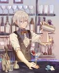  1boy bar bartender blue_eyes bottle bow bowtie cherry cocktail_glass cocktail_shaker counter csyko cup drink drinking_glass fate/grand_order fate_(series) food fruit gao_changgong_(fate) gem grey_hair hair_between_eyes highres jigger looking_away male_focus name_tag no_mask parted_lips pouring shelf shirt short_hair silver_hair smile solo spoon violet_eyes waistcoat white_shirt 