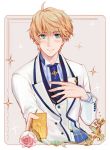  1boy arthur_pendragon_(fate) blonde_hair blue_neckwear blush csyko fate/grand_order fate/prototype fate_(series) flower formal gift green_eyes highres male_focus necktie pinstripe_pattern rose solo sparkle striped suit summon_ticket white_rose_(fate/grand_order) white_suit 