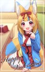  1girl :3 animal_ear_fluff animal_ears arm_support bangs blonde_hair blue_hair blue_jacket blurry blurry_background bow candy chocolate chocolate_heart copyright_request depth_of_field drawstring eyebrows_visible_through_hair floral_print food fox_ears fox_tail hair_bow happy_valentine heart highres holding holding_food hood hood_down hooded_jacket incoming_food indoors jacket japanese_clothes kimono long_sleeves looking_at_viewer multicolored_hair open_clothes open_jacket pleated_skirt print_skirt red_bow red_eyes red_skirt sakura_chiyo_(konachi000) short_eyebrows signature sitting skirt sleeves_past_wrists solo sparkle table tail thick_eyebrows thigh-highs two-tone_hair valentine virtual_youtuber white_kimono white_legwear yokozuwari 