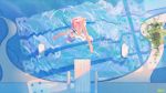  &gt;_&lt; 1girl :d animal animal_on_head atdan bangs bare_arms bare_legs barefoot bikini blue_eyes blue_hair blue_ribbon blue_theme covering covering_crotch day diving diving_board dress_swimsuit falling feet from_above haiyi highres jellyfish looking_at_viewer on_head open_mouth outstretched_arms plant pool poolside ribbon ripples short_hair smile spread_arms strapless strapless_bikini swimsuit synthesizer_v upside-down vocaloid water window_shade 