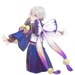  1boy adapted_costume bishounen blue_eyes bow chinese_clothes csyko fate/grand_order fate_(series) from_behind gao_changgong_(fate) grey_hair hair_between_eyes highres male_focus no_mask outstretched_arms short_hair silver_hair smile solo 