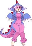 1girl :o animal_costume bangs barefoot breasts commentary costume fake_tail feet full_body kaijuu looking_at_viewer medium_breasts onesie open_mouth paw_pose pink_eyes pink_hair rtil shinjou_akane short_hair solo ssss.gridman tail tiptoes toes wide_hips 