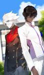  2boys arjuna_(fate/grand_order) black_eyes black_hair blue_eyes craft_essence dark_skin dark_skinned_male eyeshadow fate/grand_order fate_(series) formal hand_in_pocket high_collar highres jewelry karna_(fate) makeup male_focus multiple_boys necktie official_art red_eyeshadow school_uniform shiramine_(srmn09) single_earring suit versus_(fgo) white_hair 