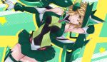  1girl akatsuki_kirika arm_up armpits blonde_hair blush breasts covered_navel gloves green_eyes green_leotard headgear highres large_breasts leotard looking_at_viewer lying on_back senki_zesshou_symphogear shiny shiny_hair shiny_skin shishin_(shishintei) short_hair skirt smile solo striped striped_legwear thigh-highs 