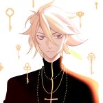  1boy 676643396dolce bishounen blue_eyes cassock cross cross_necklace eyeshadow fate/apocrypha fate_(series) highres jewelry karna_(fate) key makeup male_focus necklace portrait red_eyeshadow solo white_hair 