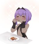  1girl :i =_= bangs bare_shoulders berries black_bodysuit blush bodysuit closed_eyes closed_mouth dark_skin eating eyebrows_visible_through_hair facing_viewer fate/prototype fate/prototype:_fragments_of_blue_and_silver fate_(series) food foodgasm fork hair_between_eyes hand_on_own_cheek hands_up hassan_of_serenity_(fate) holding holding_fork i.u.y pancake plate purple_hair solo sparkle_background 