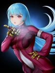  1girl blue_hair bodysuit breasts chaps commentary gloves highres kula_diamond long_hair looking_at_viewer nyatokanyaru open_mouth red_eyes simple_background solo the_king_of_fighters the_king_of_fighters_2000 very_long_hair 