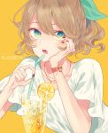  1girl bow brown_hair drinking_straw fingernails food fruit glass green_bow green_eyes hair_bow head_rest jewelry klasse14 lemon lemon_slice looking_at_viewer necklace parted_lips red_nails satsuki_(miicat) shirt short_sleeves simple_background solo upper_body watch watch white_shirt yellow_background 