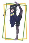  1girl ballet ballet_slippers bird_wings black_gloves black_hair black_legwear black_shorts blue_eyes blue_neckwear blue_ribbon bow bowtie commentary elbow_gloves eyebrows_visible_through_hair flexible frilled_shorts frills full_body gloves hand_on_foot head_wings highres kemono_friends multicolored_neckwear navy_blue_dress pantyhose purple_footwear ribbon shoe_bow shoes short_hair shorts solo standing stretch tanabe_(fueisei) western_parotia_(kemono_friends) wings yellow_neckwear 