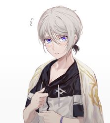  1boy blue_eyes blush csyko fate/grand_order fate_(series) flying_sweatdrops gao_changgong_(fate) grey_hair hair_between_eyes heroic_spirit_festival_outfit hood hoodie jacket male_focus short_ponytail shy silver_hair solo towel towel_around_neck 