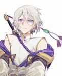  1boy bishounen blue_eyes chinese_clothes csyko fate/grand_order fate_(series) gao_changgong_(fate) grey_hair hair_between_eyes hood hoodie male_focus no_mask off_shoulder silver_hair solo 