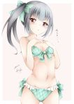  1girl ass_visible_through_thighs bangs bare_arms bare_shoulders bikini blush bow bow_bikini breasts brown_background brown_eyes collarbone commentary_request cowboy_shot dakkusu dated eyebrows_visible_through_hair frilled_bikini frills green_bikini green_bow grey_hair hair_bow hands_up highres kantai_collection kasumi_(kantai_collection) long_hair looking_at_viewer navel parted_lips side_ponytail signature small_breasts solo swimsuit translated two-tone_background white_background 