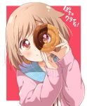  1girl blush brown_eyes brown_hair closed_mouth doughnut eyebrows_visible_through_hair food fuudo_tsugumi long_sleeves looking_at_viewer namori pocha_climb! red_background red_eyes short_hair simple_background smile solo upper_body 