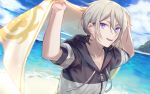  1boy beach blue_eyes csyko fate/grand_order fate_(series) gao_changgong_(fate) grey_eyes hair_between_eyes heroic_spirit_festival_outfit hood hoodie male_focus ocean short_ponytail silver_hair solo towel 