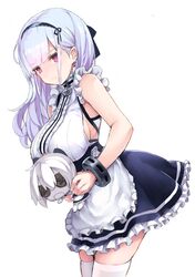  1girl anchor apron azur_lane breasts cowboy_shot dido_(azur_lane) doll hair_tucking hairband large_breasts long_hair looking_at_viewer pink_eyes rin2008 sideboob simple_background solo thigh-highs waist_apron white_background white_hair white_legwear zettai_ryouiki 