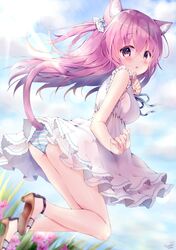  1girl absurdres accidental_exposure animal_ear_fluff animal_ears ass blush cat_ears cat_tail chia_momochi clouds dress flower from_behind hand_to_own_mouth high_heels highres jumping legs legs_up long_hair looking_back moe2020 original outdoors panties pantyshot pink_eyes pink_hair sandals short_dress side_ponytail sky sleeveless sleeveless_dress solo striped striped_panties sundress tail thighs underwear white_dress wind wind_lift 