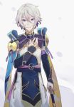  1boy blue_eyes chinese_armor chinese_clothes csyko fate/grand_order fate_(series) gao_changgong_(fate) grey_hair hair_between_eyes hand_on_own_chest highres holding holding_sword holding_weapon looking_at_viewer male_focus no_mask silver_hair smile solo sword weapon 
