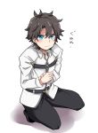  1boy belt black_hair black_pants blue_eyes blush chaldea_uniform fate/grand_order fate_(series) fujimaru_ritsuka_(male) kneeling long_hair long_sleeves male_focus mitsu_(nonoko05) own_hands_together pants pout shirt short_hair solo sweat translated white_background white_shirt 