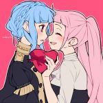  2girls artist_name bangs black_eyes blue_hair blush bow braid buttons closed_eyes collar do_m_kaeru eyebrows_visible_through_hair face-to-face fire_emblem fire_emblem:_three_houses from_side heart hilda_valentine_goneril long_hair looking_at_another marianne_von_edmund medium_hair multiple_girls nose noses_touching open_mouth pink_background pink_bow pink_hair shirt sidelocks simple_background smile upper_body valentine yuri 