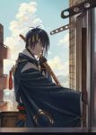  1boy absurdres bishounen black_gloves blue_eyes blue_hair blue_sky building cityscape clouds gloves hataya highres index_finger_raised japanese_clothes katana male_focus mikazuki_munechika sayagata sheath sheathed sky smile sword tassel touken_ranbu weapon 