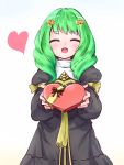  1girl bow box closed_eyes fire_emblem fire_emblem:_three_houses flayn_(fire_emblem) garreg_mach_monastery_uniform gift gift_box green_hair hair_ornament heart highres holding incoming_gift lillian8710 long_hair long_sleeves open_mouth simple_background solo uniform upper_body valentine white_background 