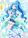  1girl blue_background blue_eyes blue_footwear blue_hair blue_legwear blue_neckwear blue_skirt blue_theme blue_vest choker closed_mouth cure_fontaine earrings full_body gloves hair_ornament hanzou healin&#039;_good_precure healing_wand highres holding holding_wand jewelry kneehighs layered_skirt long_hair looking_at_viewer magical_girl ponytail precure puffy_sleeves sawaizumi_chiyu shoes skirt smile solo split_ponytail vest wand white_gloves 