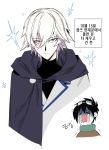  2boys black_cloak blue_eyes cloak closed_eyes closed_mouth crying eyebrows_visible_through_hair eyes_visible_through_hair goggles goggles_on_head imoneyno multiple_boys open_mouth original simple_background slit_pupils trembling turtleneck white_background white_hair 