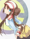  1girl black_legwear blue_eyes bow brown_hair double_bun holding holding_poke_ball leaning_forward long_hair lowres mei_(pokemon) one_eye_closed poke_ball pokemon pokemon_(game) pokemon_bw2 skirt smile solo standing twintails yellow_skirt 