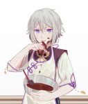  1boy apron batter blue_eyes chocolate_syrup cooking csyko fate/grand_order fate_(series) food food_on_face gao_changgong_(fate) grey_hair hair_between_eyes highres looking_at_viewer male_focus messy mixing_bowl no_mask short_hair silver_hair solo whisk wiping_face 