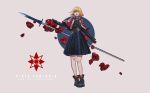  1girl absurdres baka_(mh6516620) bangs blonde_hair blue_eyes blunt_bangs boots capelet copyright_name dress gloves high_collar highres looking_at_viewer open_mouth pixiv_fantasia pixiv_fantasia_age_of_starlight polearm short_hair solo spear weapon white_background 