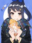  1girl :p bangs black_hair black_jacket blue_background blue_ribbon blush closed_mouth commentary_request eyebrows_visible_through_hair food food_on_face fringe_trim green_scarf hair_ornament hair_ribbon hairclip heart high_ponytail highres holding holding_food jacket long_hair long_sleeves looking_at_viewer mika_pikazo original ponytail ribbon scarf smile solo taiyaki tongue tongue_out two-tone_background upper_body violet_eyes wagashi white_background 