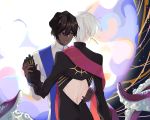  2boys 676643396dolce absurdres arjuna_(fate/grand_order) back_cutout black_gloves black_hair dancing dark_skin dark_skinned_male fate/apocrypha fate/grand_order fate_(series) gloves highres jewelry karna_(fate) male_focus multiple_boys octopus single_earring stole white_hair yaoi 