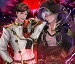  2boys aura belial_(granblue_fantasy) belt black_hair brown_hair cape commentary crossover dark_aura dark_persona english_commentary evil_grin evil_smile fire_emblem fire_emblem_awakening fire_emblem_heroes gloves granblue_fantasy grima_(fire_emblem) grin long_sleeves looking_at_viewer male_focus mionachan multiple_boys open_mouth red_eyes robin_(fire_emblem) seiyuu_connection short_hair smile watermark white_hair 