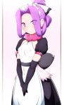  1girl alternate_costume apron black_dress blush collar danpu dress enmaided fate/grand_order fate_(series) frilled_apron frills highres long_hair maid maid_headdress medusa_(lancer)_(fate) navel_cutout puffy_sleeves purple_hair red_collar smile violet_eyes white_apron younger 