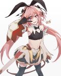  1boy animal_ears astolfo_(saber)_(fate) black_bow black_legwear bow crop_top csyko fake_animal_ears fang fate/grand_order fate_(series) hair_bow hair_intakes long_hair male_focus otoko_no_ko pink_hair pleated_skirt rabbit_ears skirt solo thigh-highs twintails v_over_eye violet_eyes 