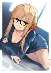  1girl backlighting bangs black-framed_eyewear blonde_hair blue_shirt blurry blurry_background blush breasts closed_mouth collarbone fate_(series) glasses green_eyes hair_ornament hair_scrunchie highres long_hair long_sleeves looking_at_viewer lord_el-melloi_ii_case_files lying on_stomach reines_el-melloi_archisorte scrunchie shirt small_breasts smile solo thighs window yuuuuu 