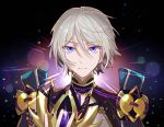  1boy bishounen blue_eyes blurry bokeh chinese_armor chinese_clothes csyko depth_of_field emphasis_lines fate/grand_order fate_(series) gao_changgong_(fate) grey_hair hair_between_eyes holding holding_mask horned_mask male_focus mask mask_removed mile silver_hair smile solo 