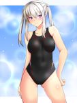  1girl black_swimsuit blonde_hair blue_background breasts commentary_request competition_swimsuit contrapposto cowboy_shot graf_zeppelin_(kantai_collection) hair_between_eyes highres kantai_collection lens_flare long_hair looking_at_viewer one-piece_swimsuit sebunsu sidelocks small_breasts solo standing swimsuit tsurime twintails violet_eyes 